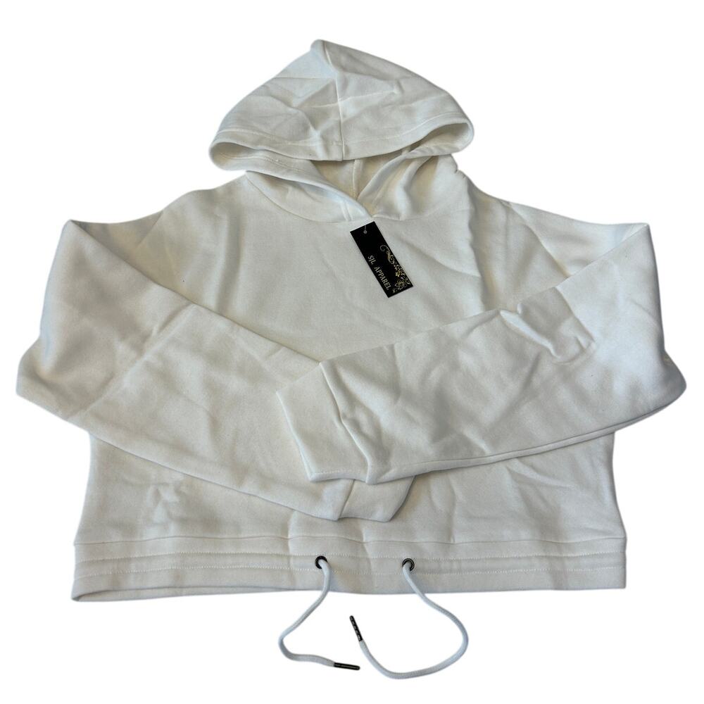 SJL Apparel Women's Cropped Hooded Sweatshirt Size S Ivory Drawstring Waist NWT